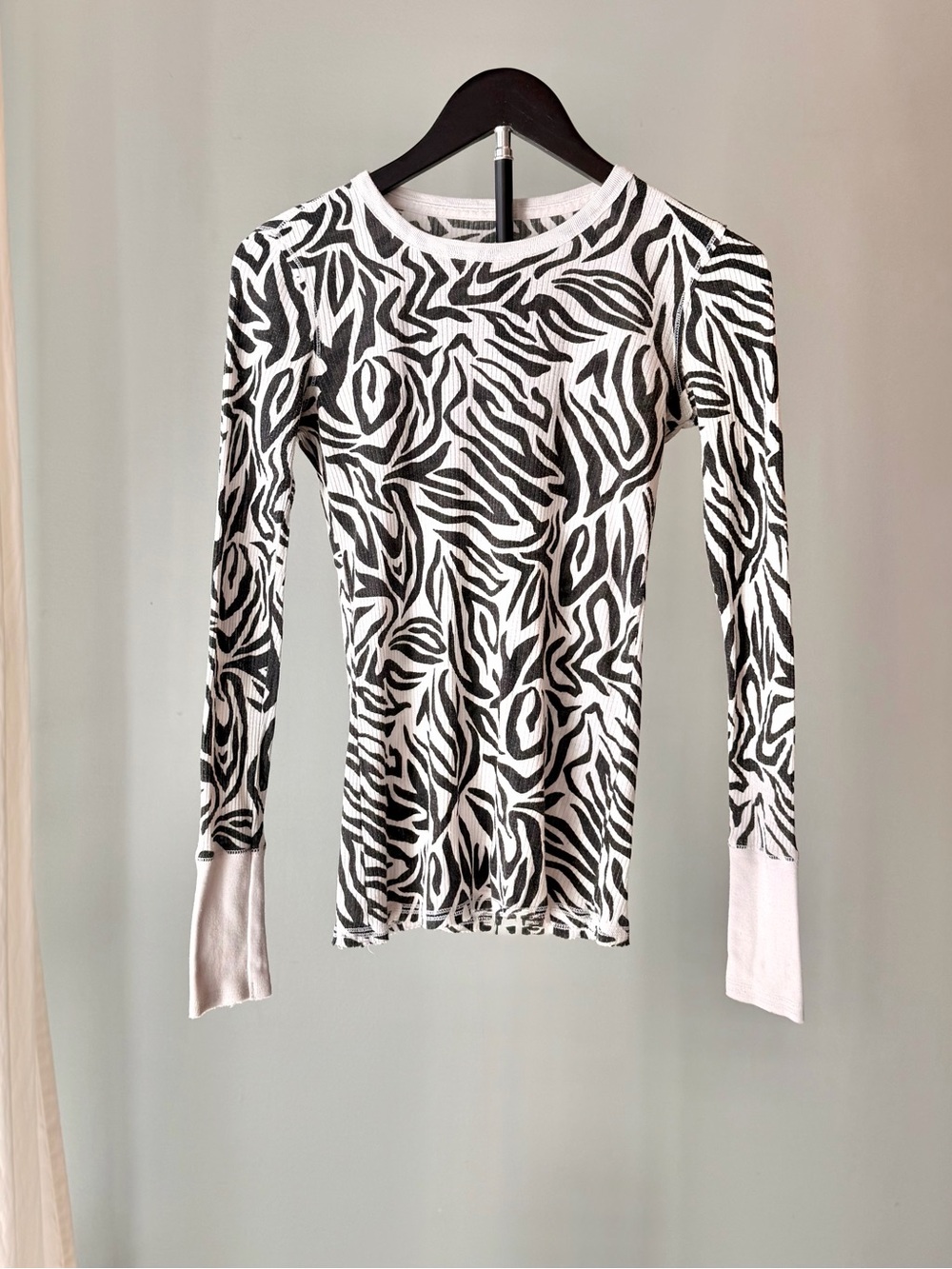 Vintage Y2K Zebra Animal Print Knit Thermal Shirt M Long Sleeve Indie Grunge